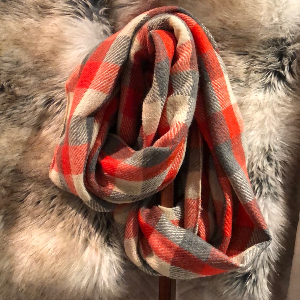 Orange and grey and cream infinity scarf.